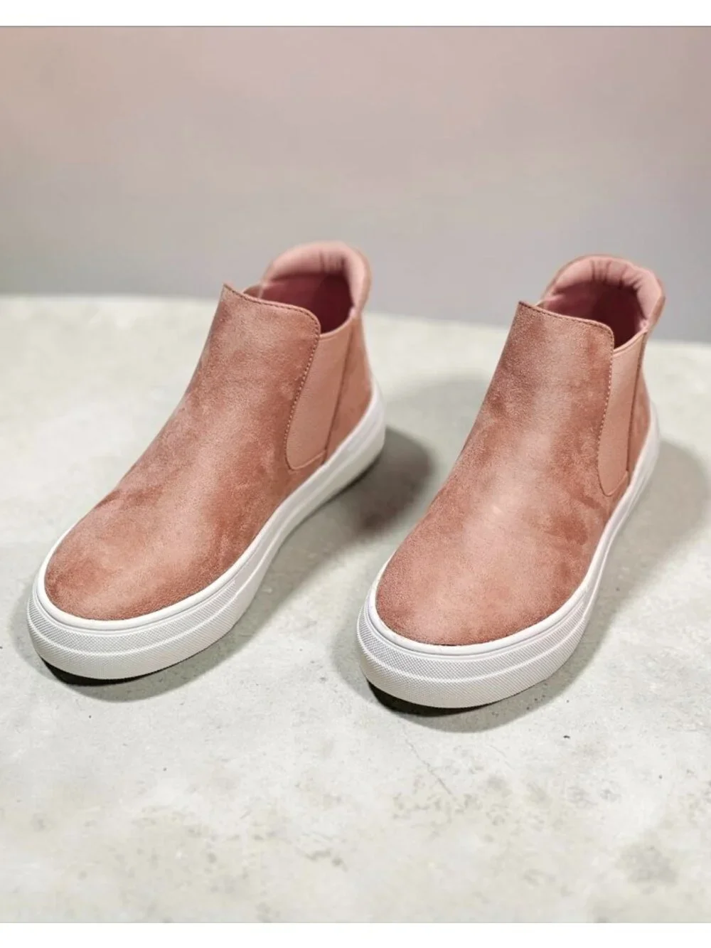 Blush Nubuck Slip-On Platform Sneakers With Elastic Side Panels & White Soles Fo